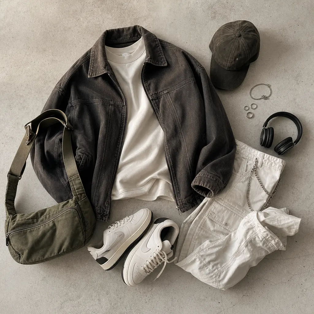 Curated fashion items — streetwear and accessories flat lay