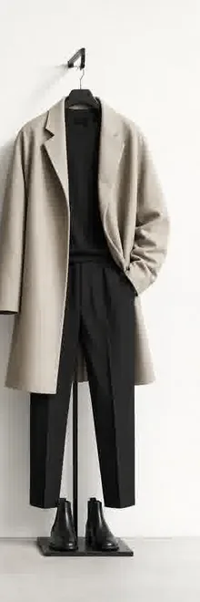 Minimal beige coat and black trousers outfit on a hanger