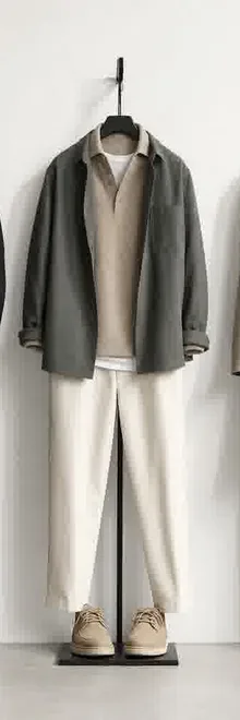 Smart-casual outfit in olive and beige on a hanger