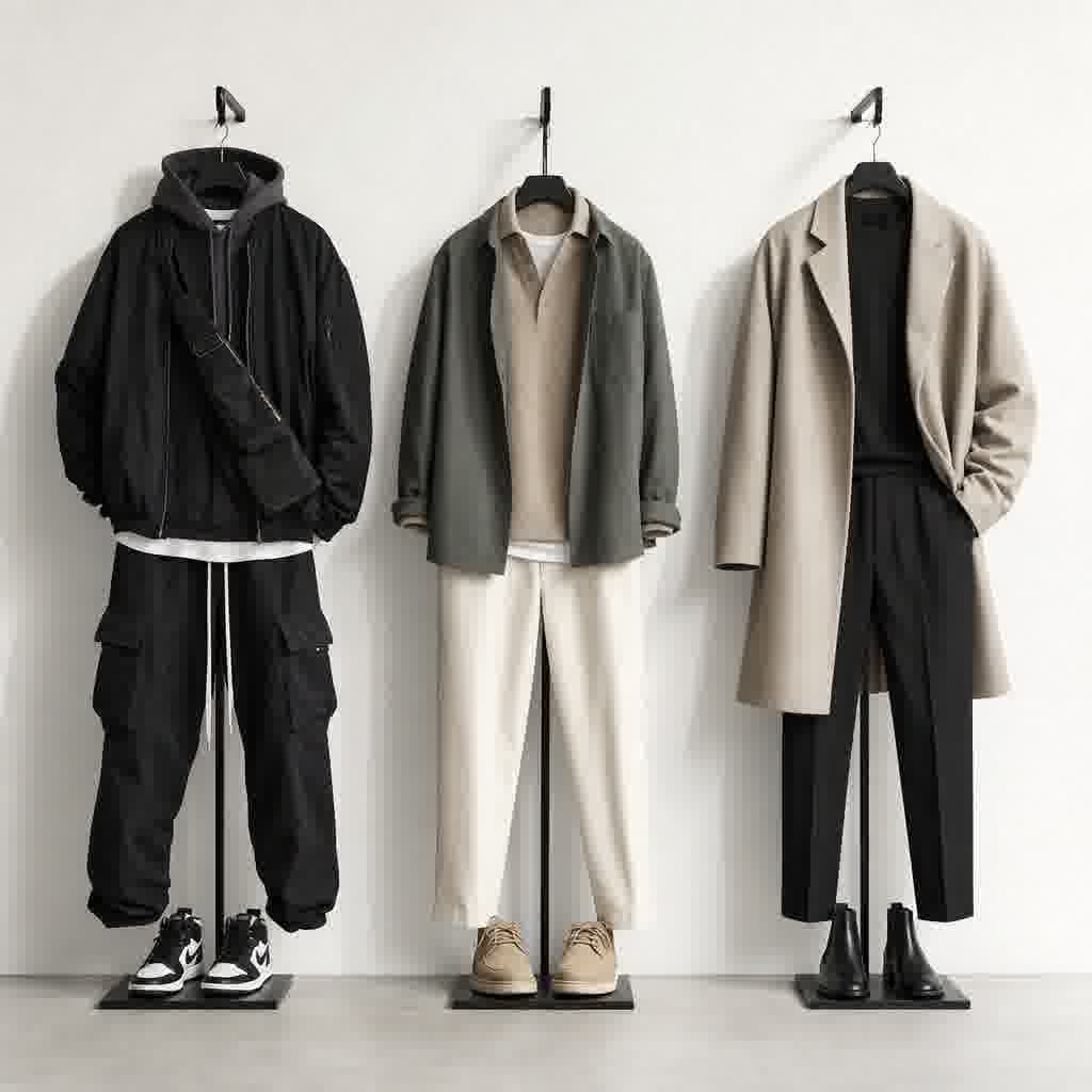 Three curated outfit styles — streetwear, smart-casual, and refined minimal